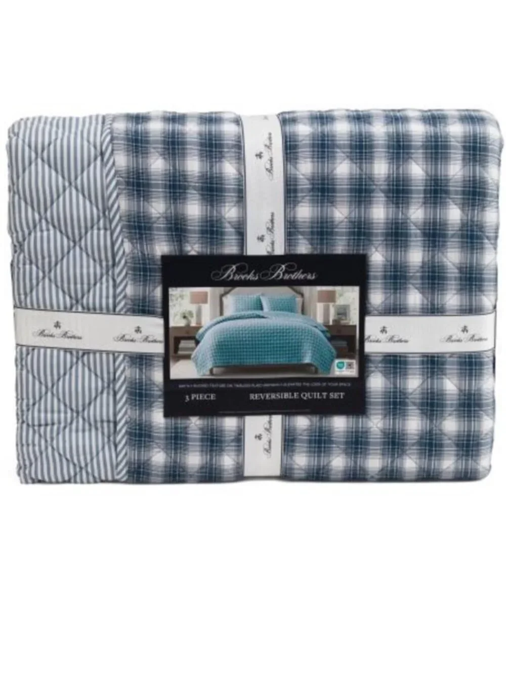 Brooks Brothers Navy and White Plaid Reversible Quilt Set